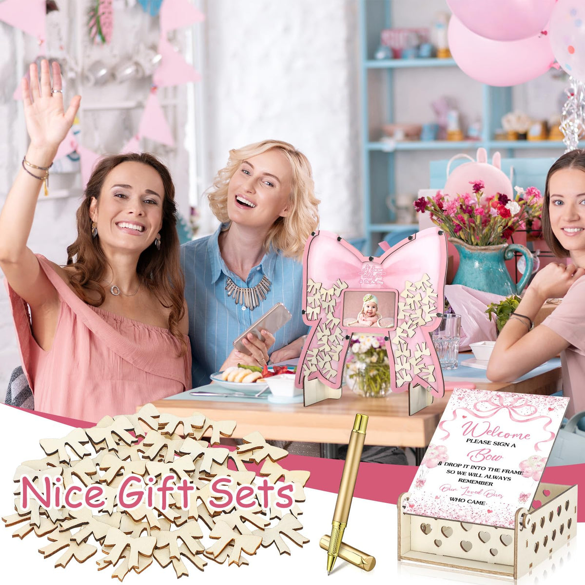 Wenqik baby shower decor set in pink bow theme for cohesive styling