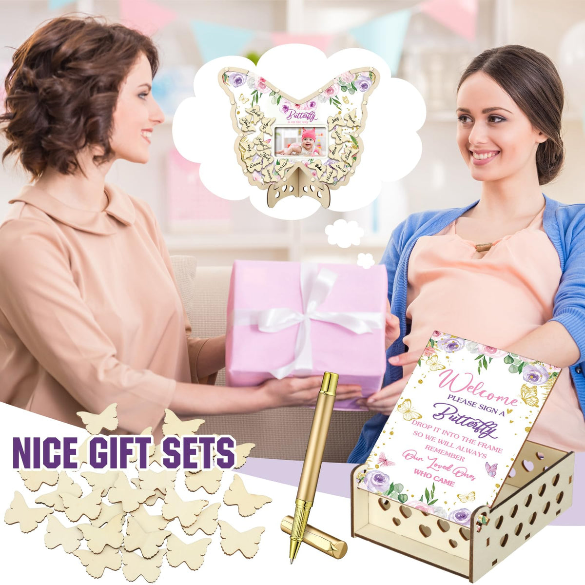 Wenqik blue bear backdrop enhances baby shower decor.