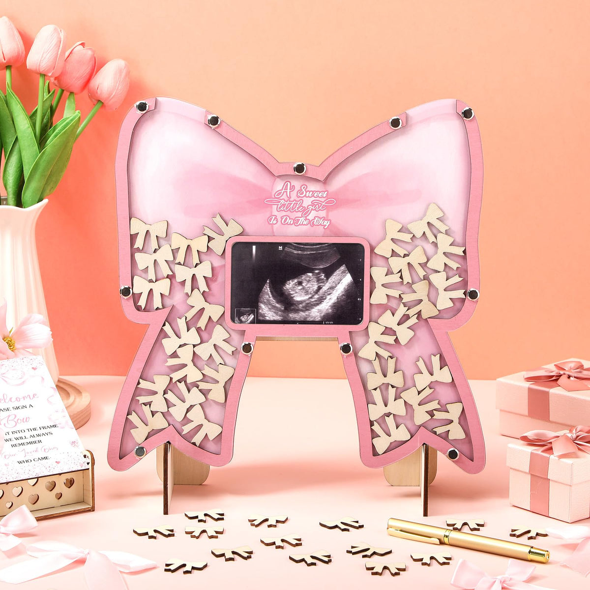 Wenqik pink bow wooden box for safekeeping guest signatures and notes