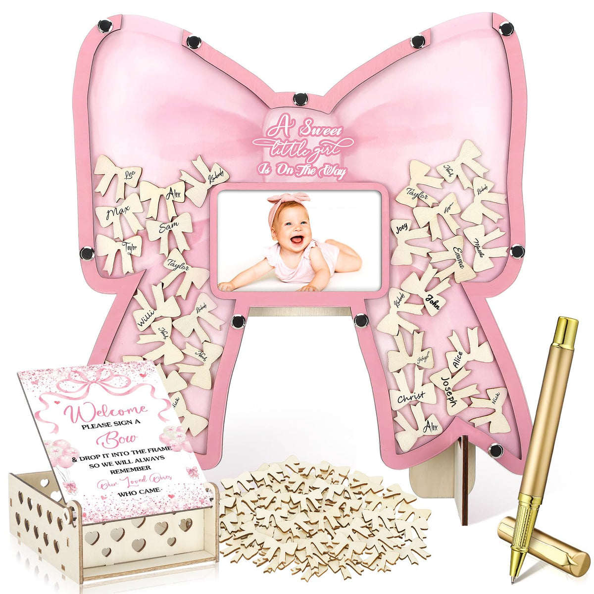 Wenqik pink bow wooden picture frame displayed on a table with keepsake potential