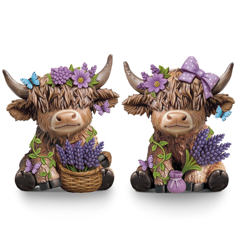 Wesiti Lavender Highland Cow figurine adds cozy farmhouse charm to any display.
