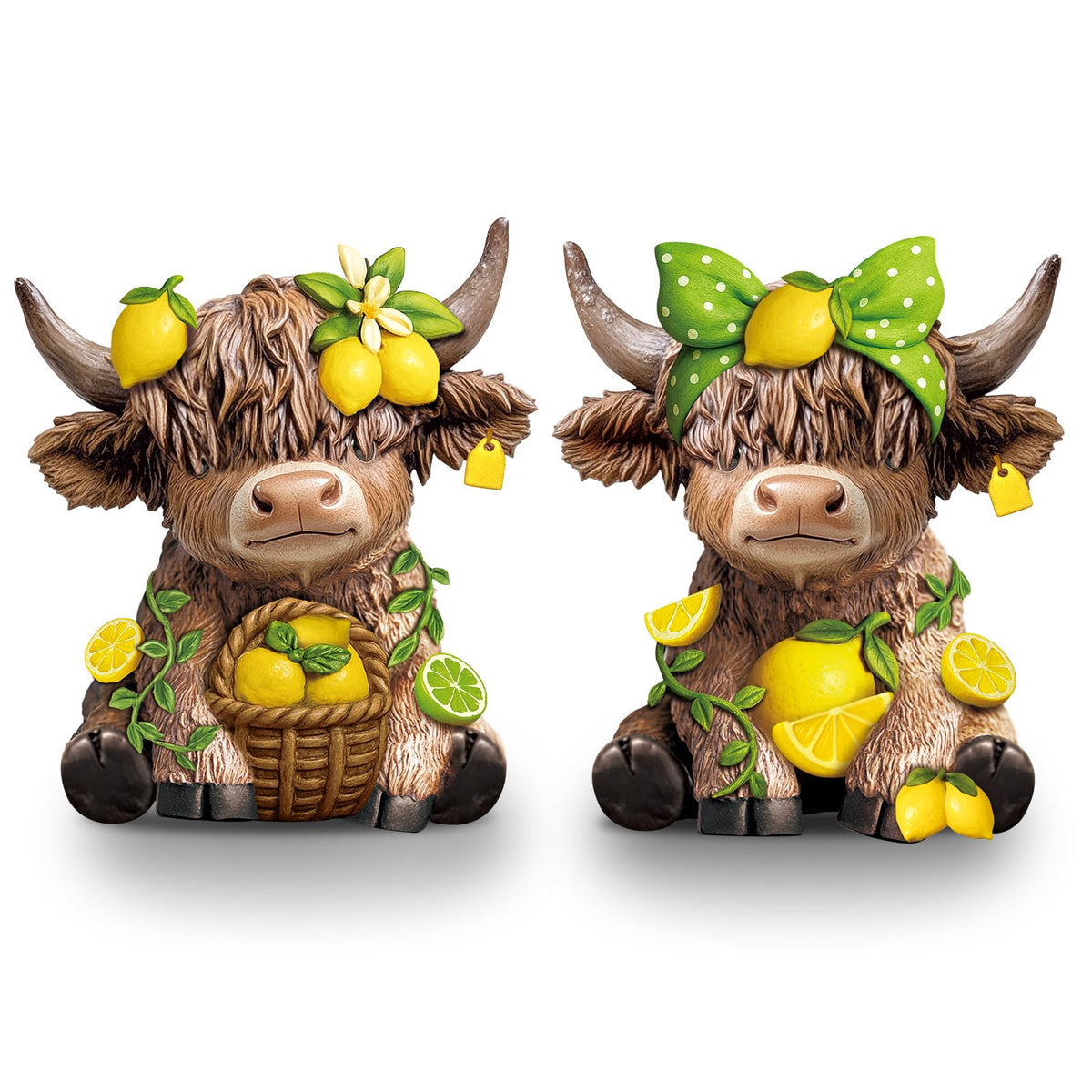 Wesiti lemon Highland cow figurine on tiered tray adds rustic charm to your kitchen.