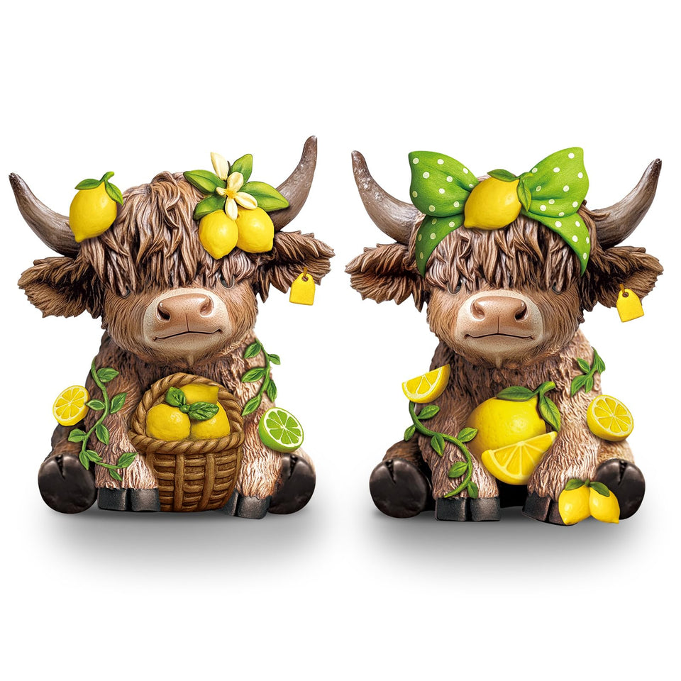 Wesiti lemon Highland cow figurine on tiered tray adds rustic charm to your kitchen.