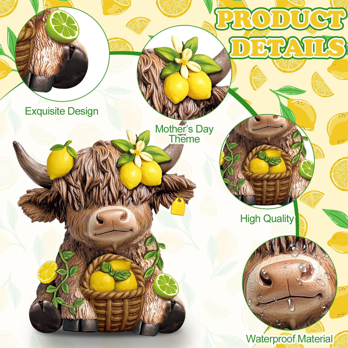 Wesiti lemon Highland cow figurine on garden bench creates a welcoming outdoor scene.