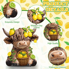 Wesiti lemon Highland cow figurine on garden bench creates a welcoming outdoor scene.