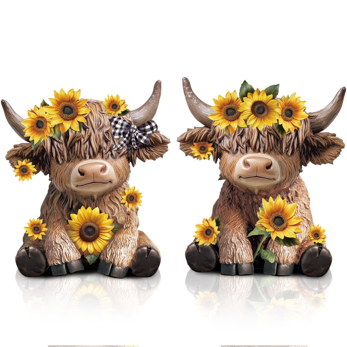 Wesiti sunflower Highland cow figurine on desk adds rustic farmhouse charm.