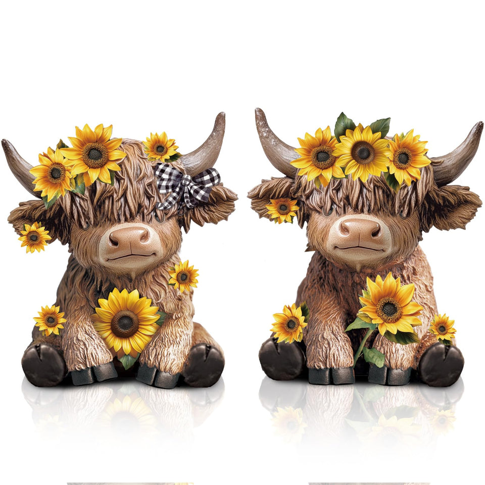 Wesiti sunflower Highland cow figurine on desk adds rustic farmhouse charm.