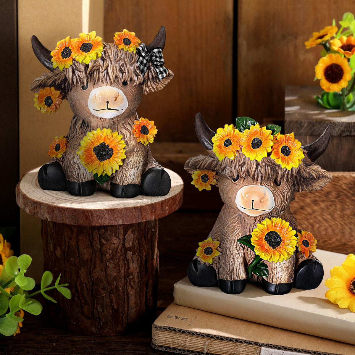 Wesiti Highland cow statue with sunflowers enhances cozy living room décor.