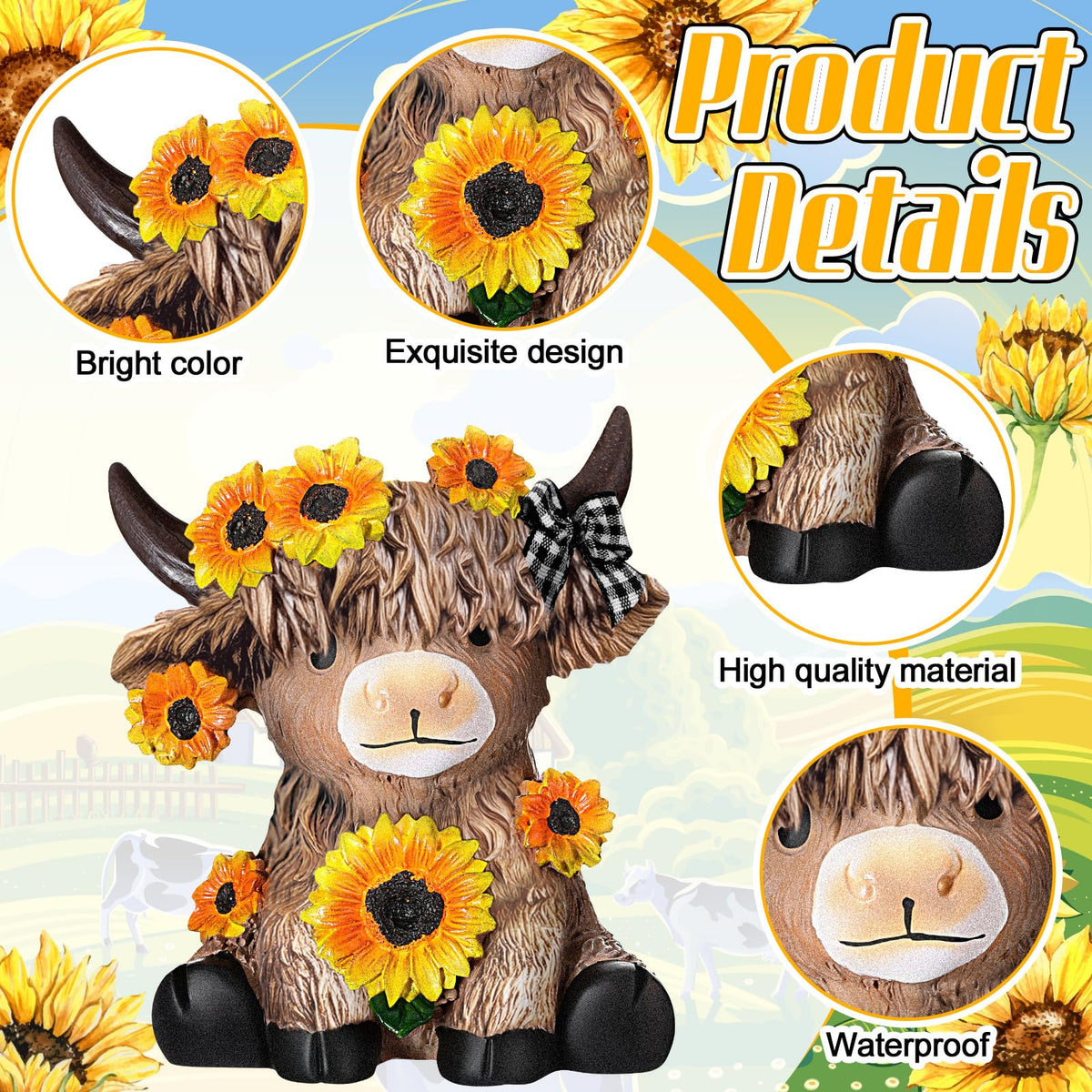 Wesiti sunflower Highland cow décor for garden or indoor display.