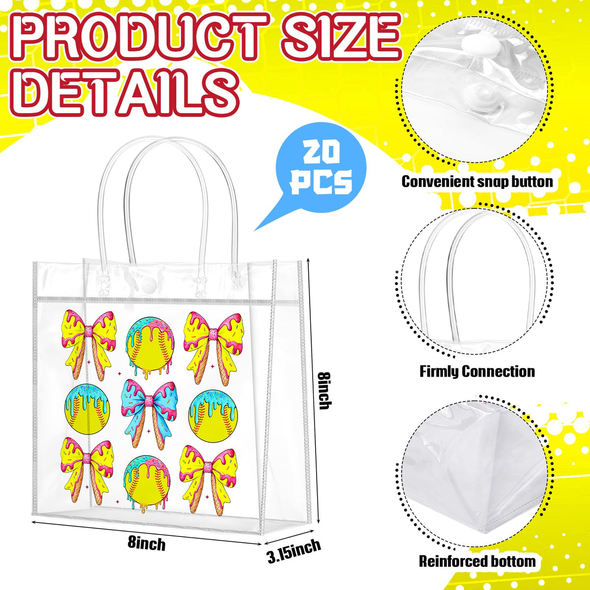 Wesnoy softball snack bag with clear handles, reusable and easy to wipe clean.