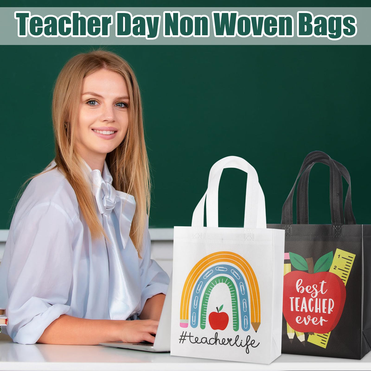 Wesnoy designer with apples, rainbow and pencils on teacher-themed bags