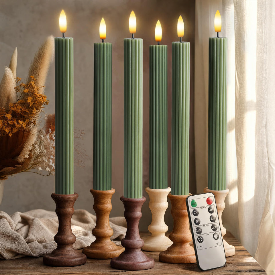 West Ivory 6-pack 10-inch LED flameless candles with fluted ribbed design for elegant dining tables.