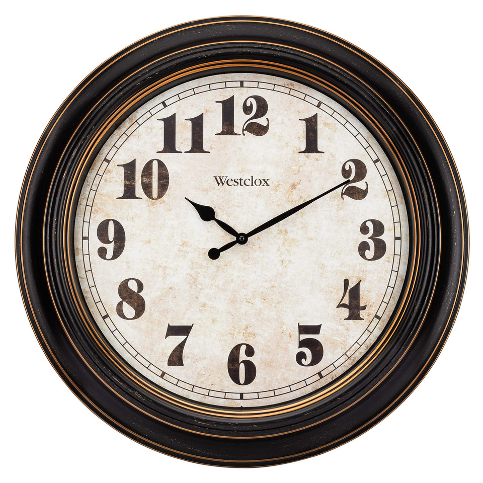 Westclox Traditional Large Wall Clock dial with distressed finish for vintage charm and easy readability.
