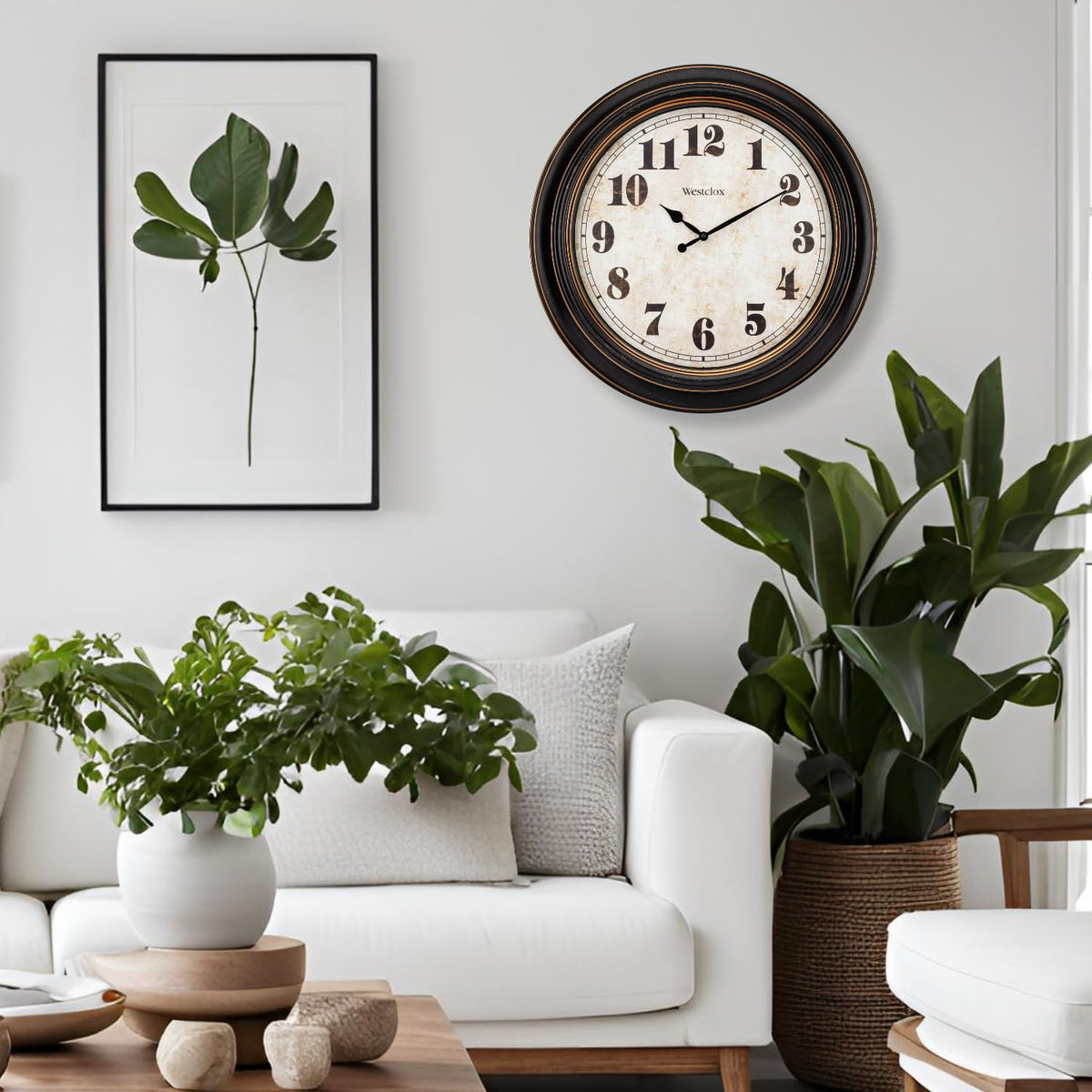 Westclox Traditional Large Wall Clock 24-inch diameter anchors spaces as a bold focal point.