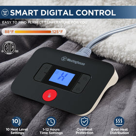 Westinghouse electric blanket dual-sided fabric for year-round comfort.