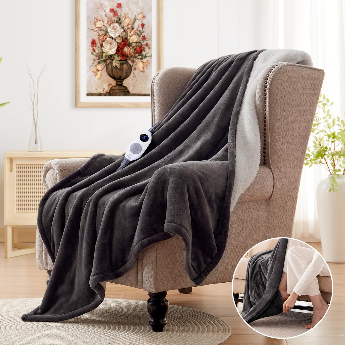 Westinghouse electric throw blanket with foot pockets keeps feet warm during relaxation.