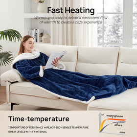 Westinghouse Snuggle Throw worn on the sofa provides wearable warmth