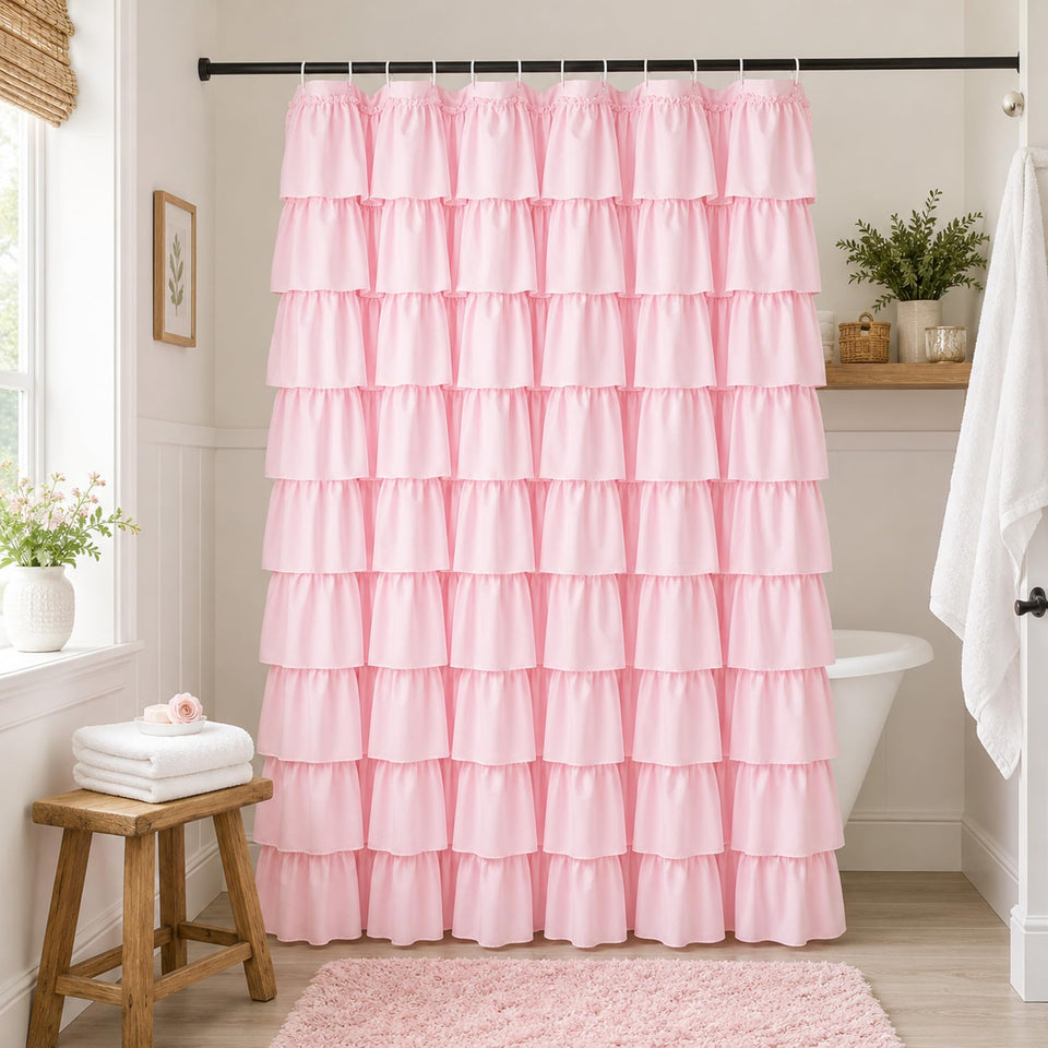 WestWeir Pink Ruffle Shower Curtain close-up of pink fabric ruffles for elegant bathrooms.