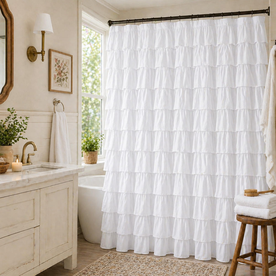 WestWeir ruffle shower curtain 84-inch white—elegant texture for romantic bathroom decor