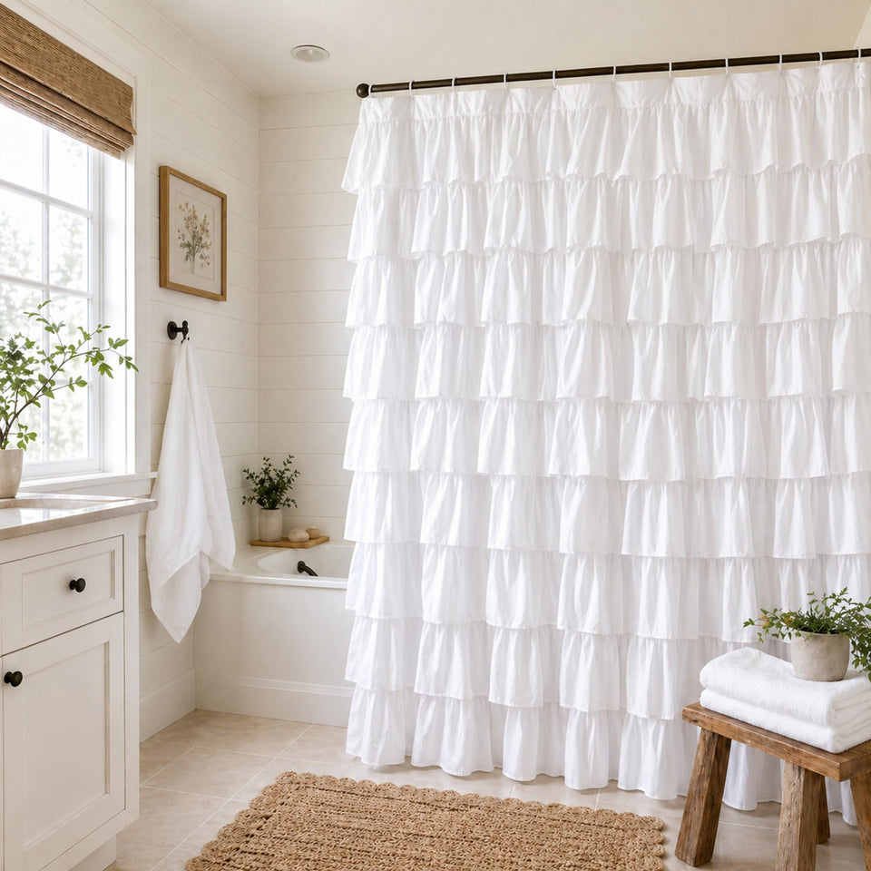 WestWeir white ruffle shower curtain adds romantic texture to your bathroom setup