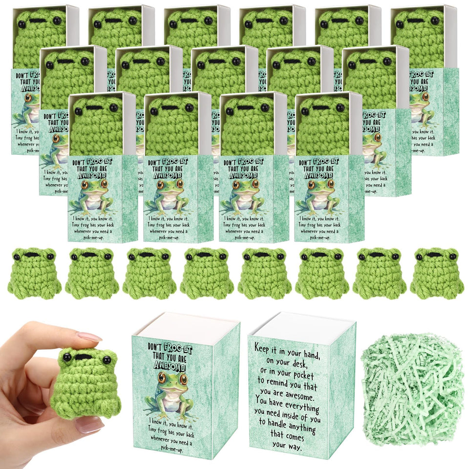 Wettarn frog pocket hug gift set with 24 crocheted frogs ready to gift.
