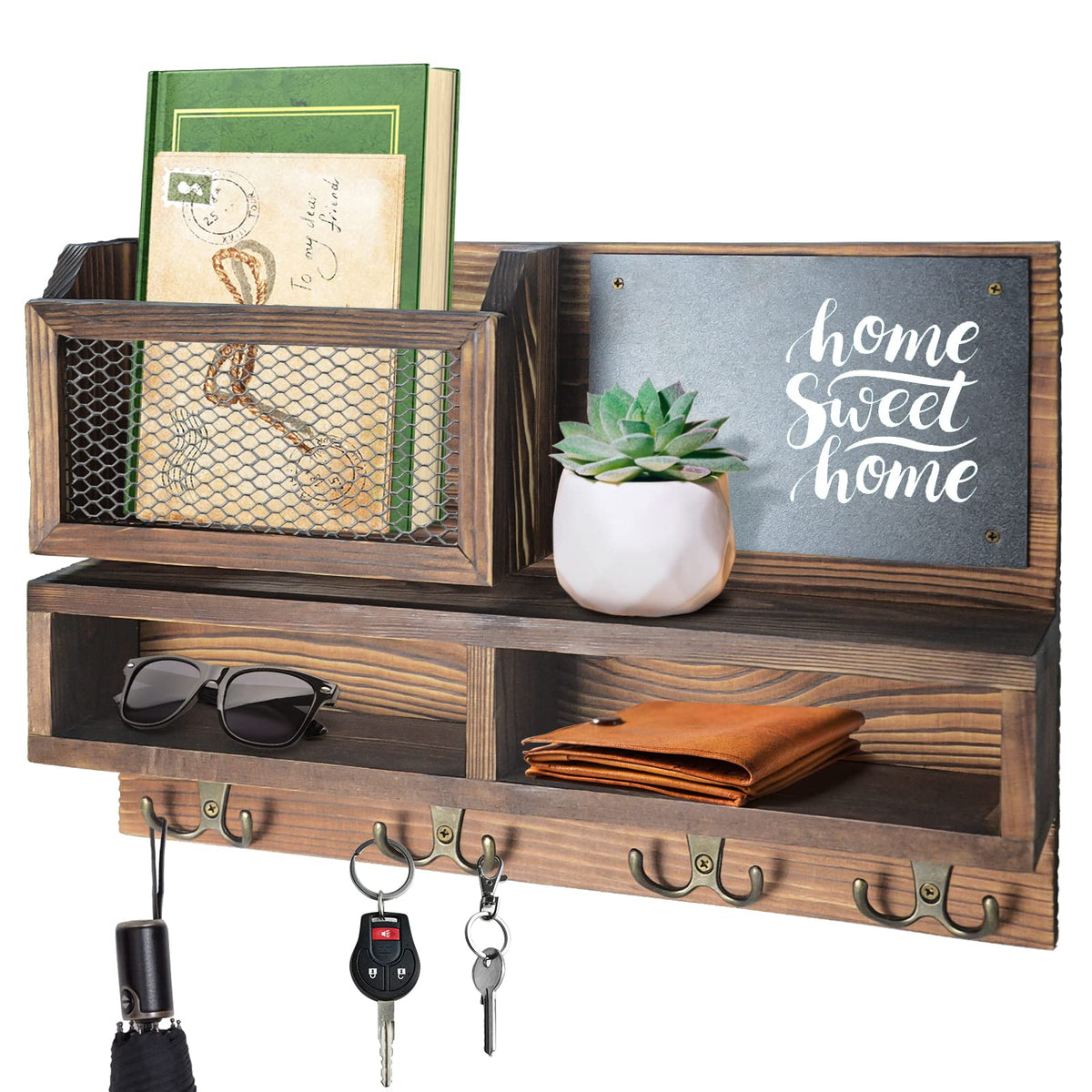 WEWEOW key holder wall mount with four double hooks for organized entryway