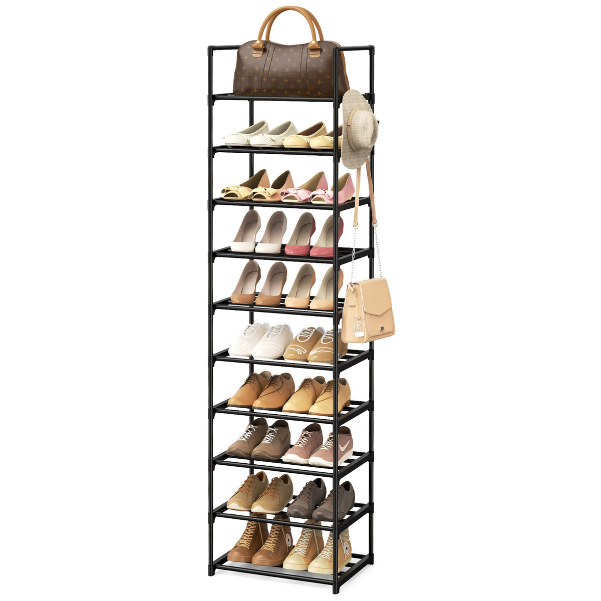 WEXCISE narrow shoe rack 10-tier storage for up to 24 pairs keeps entryways tidy.