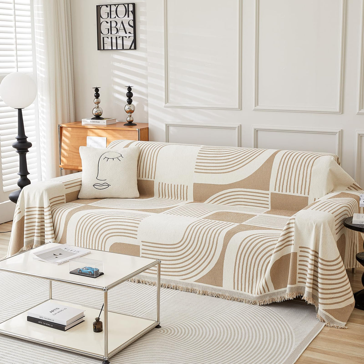 WEYOND Boho couch cover on a sofa showing plush chenille and stylish protection.