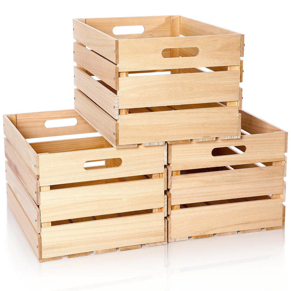Weysat 3-pack large wood crates with side handles for easy transport and storage.