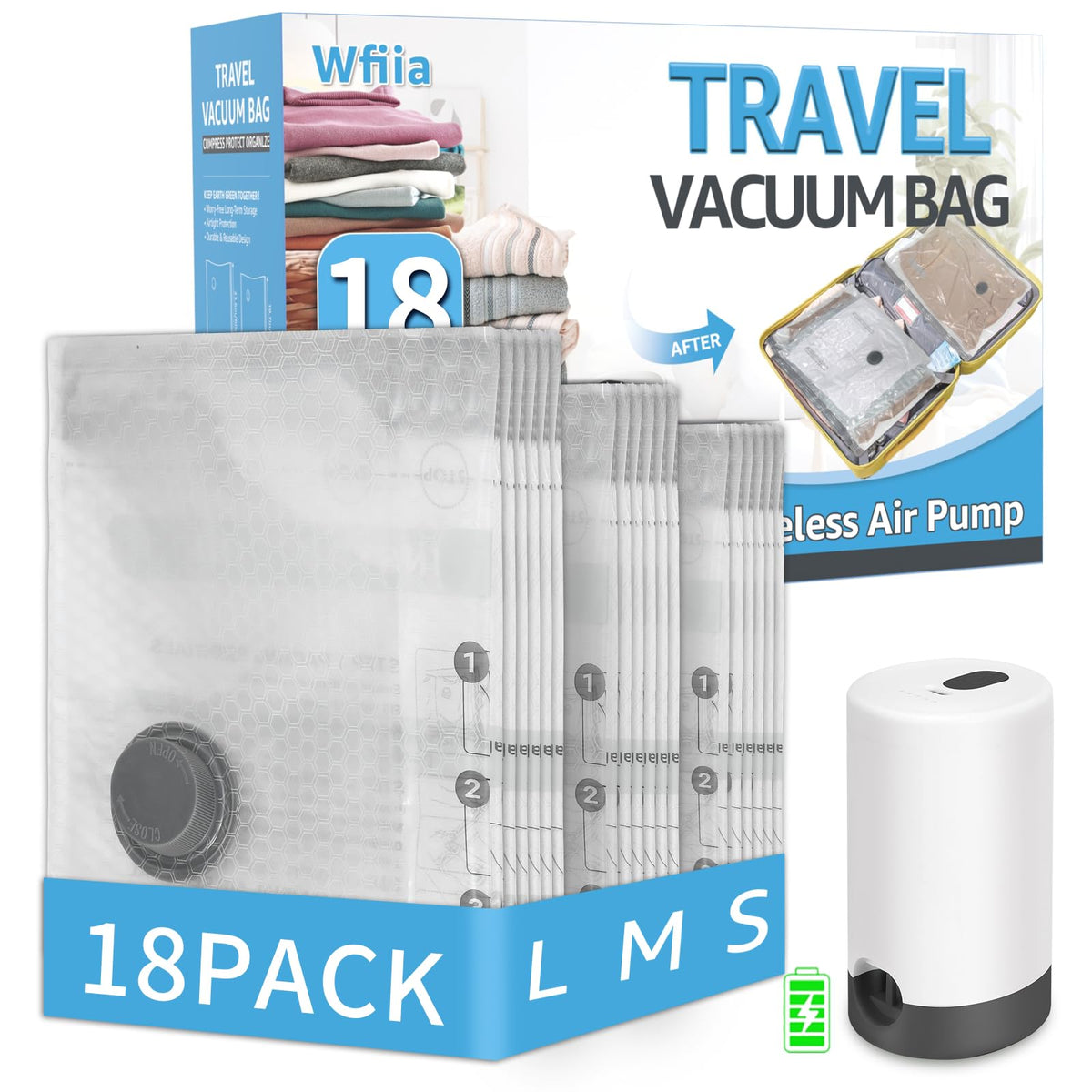 Wfiia 18-pack vacuum bags with rechargeable pump for efficient travel packing
