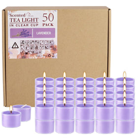 Wfmolcand lavender tealight in a clear cup for romantic ambiance.