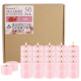 Wfmolcand rose scented tealight in a clear cup for romantic mood lighting.