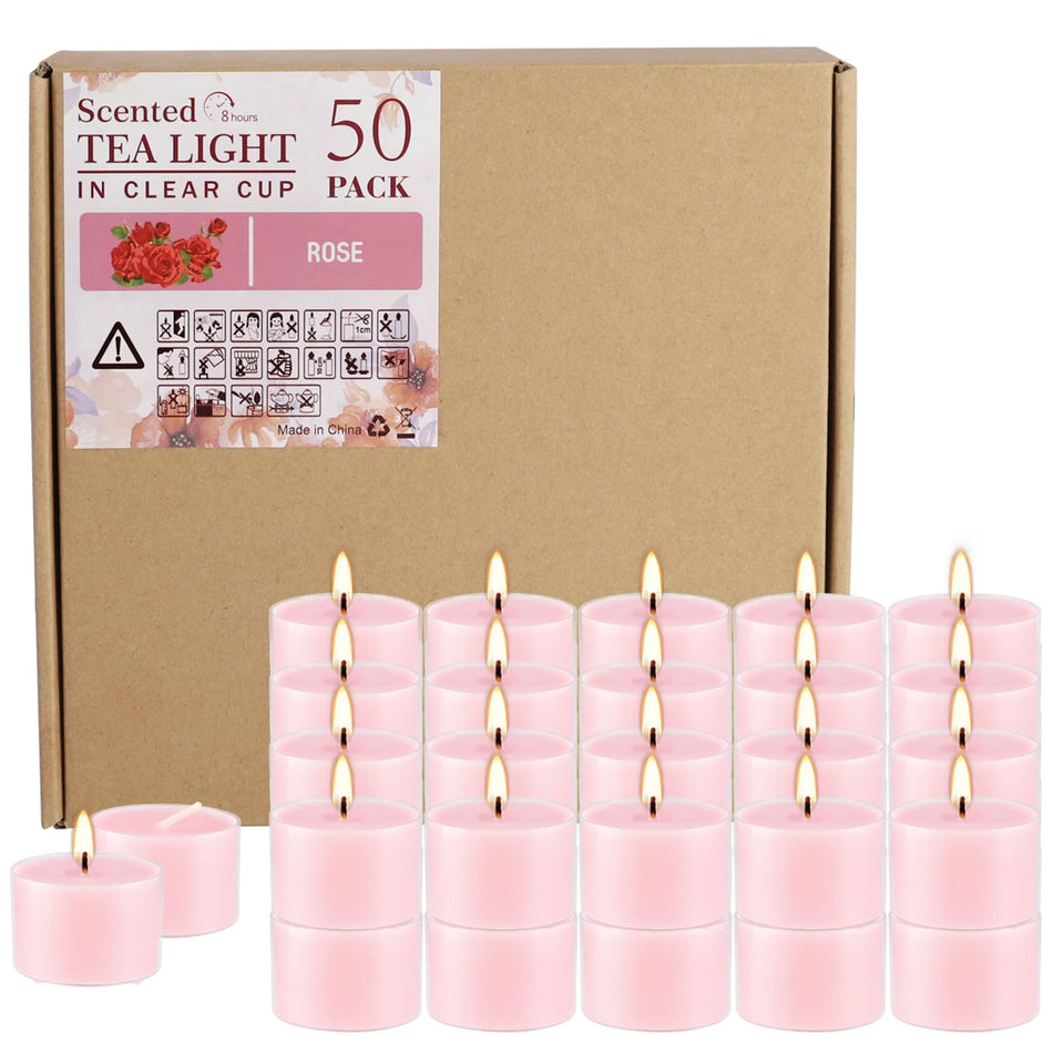 Wfmolcand rose scented tealight in a clear cup for romantic mood lighting.