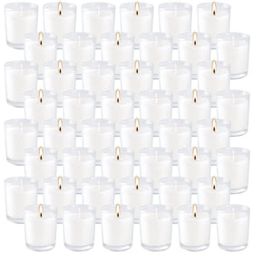 Wfmolcand 48 white votive candles in clear glass for versatile lighting.