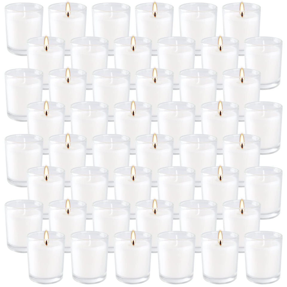 Wfmolcand 48 white votive candles in clear glass for versatile lighting.