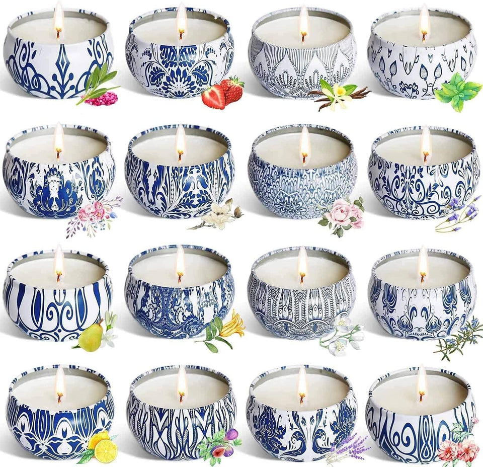 Wfmolcand 16-piece blue and white candle set in tins, ideal for gifting.
