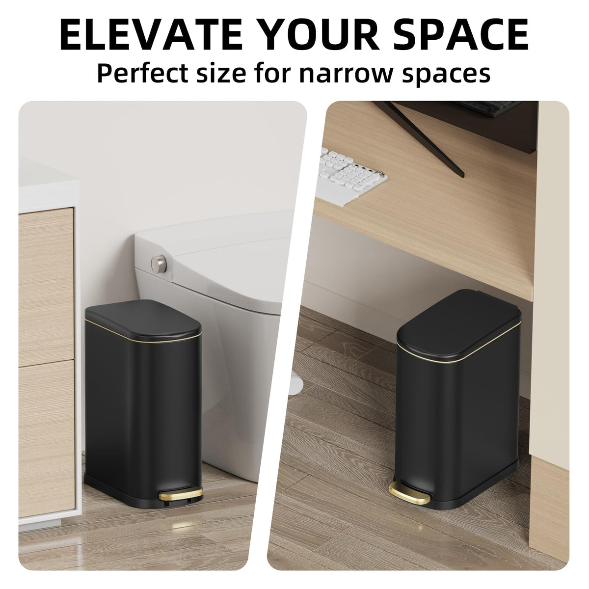 WFRWFR small rectangular trash can fits narrow spaces under the sink.