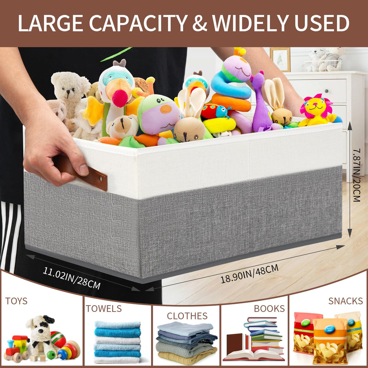WGGWE fabric bin close-up highlights rivet reinforced leather handles for comfortable grip