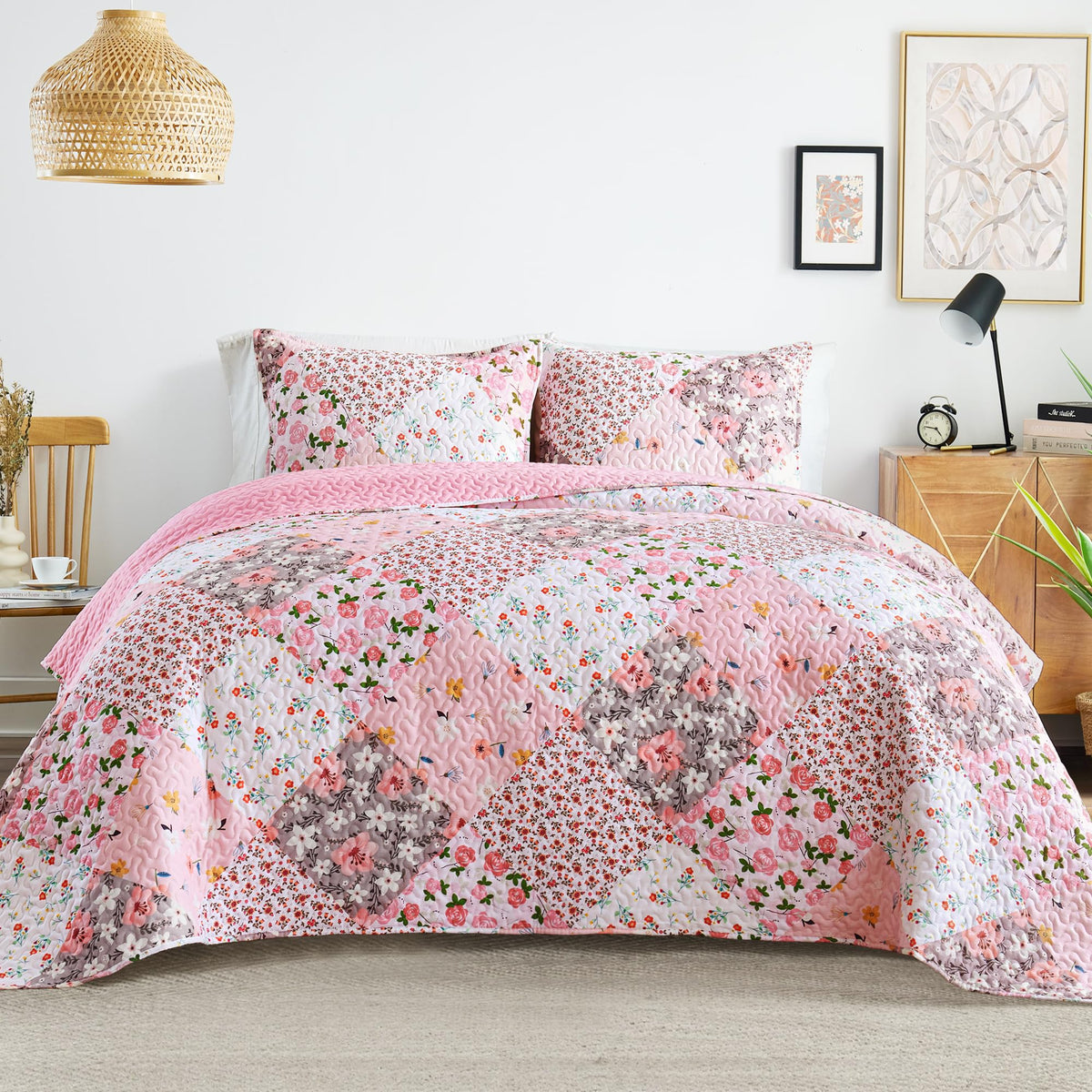 Whale Flotilla patchwork quilt king bedspread with cozy floral patches