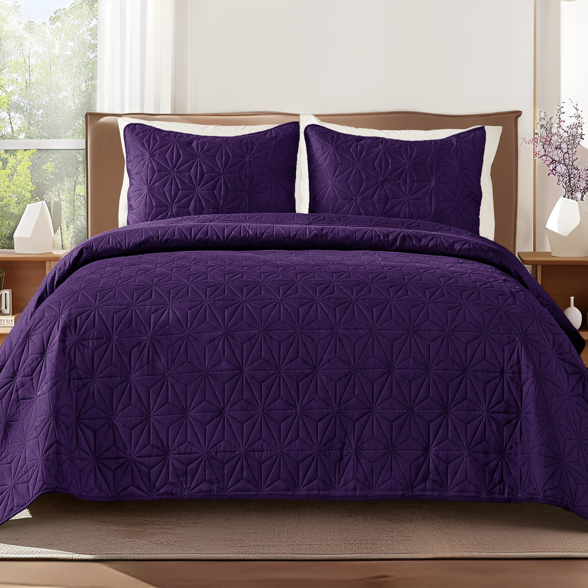 Whale Flotilla queen quilt in soft purple on bed for a cozy, all-season look