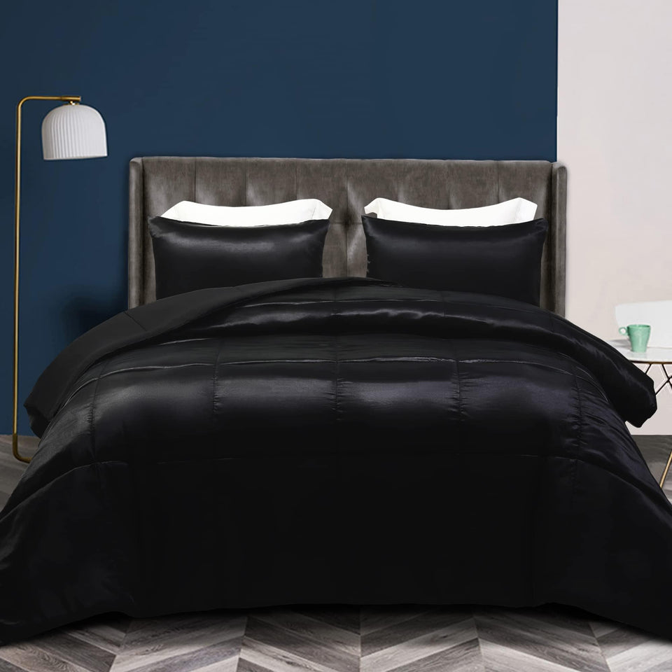 Whale Flotilla satin comforter on bed with box-stitch top for luxurious texture.