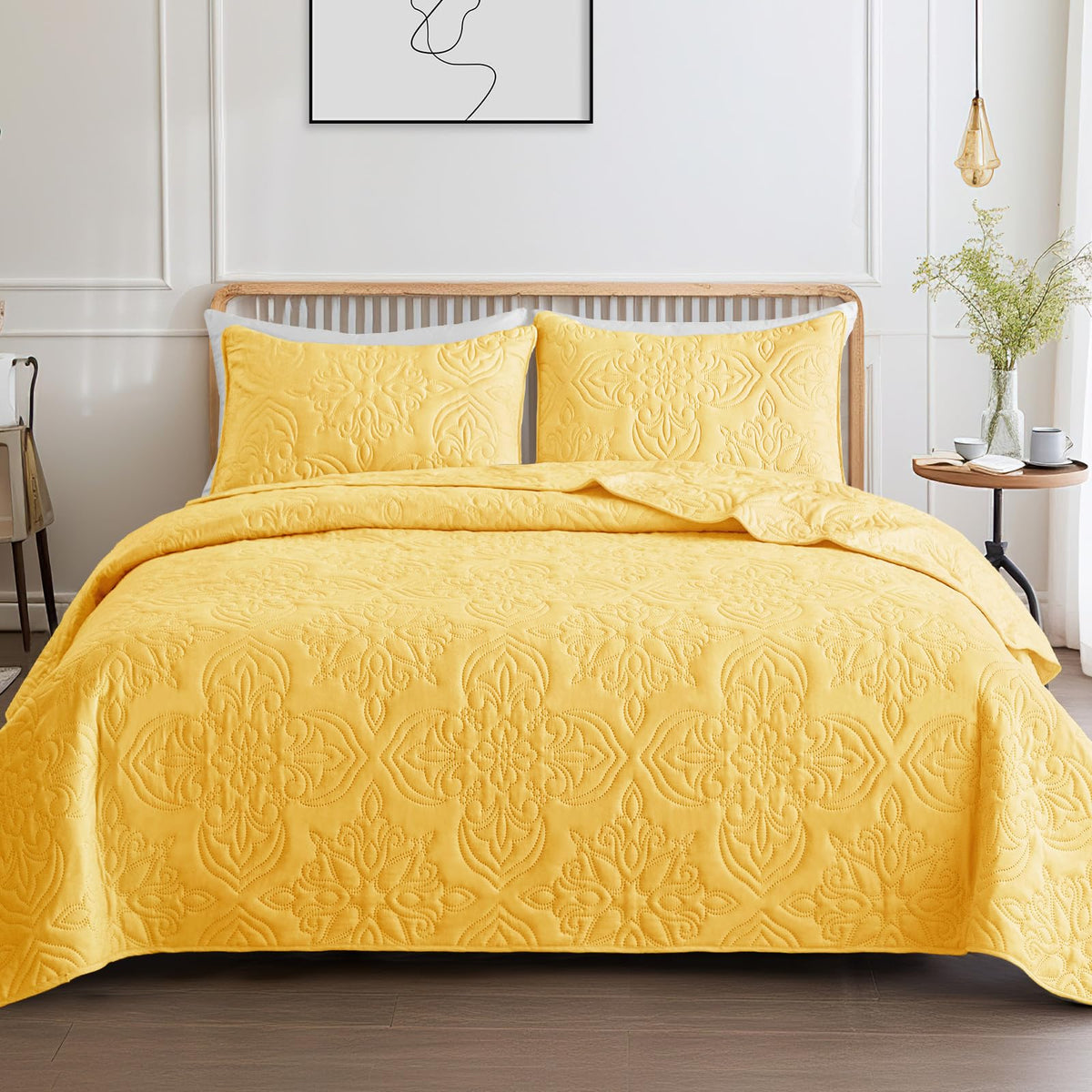 Whale Flotilla soft queen quilt set with damask pattern elevates bedroom decor.