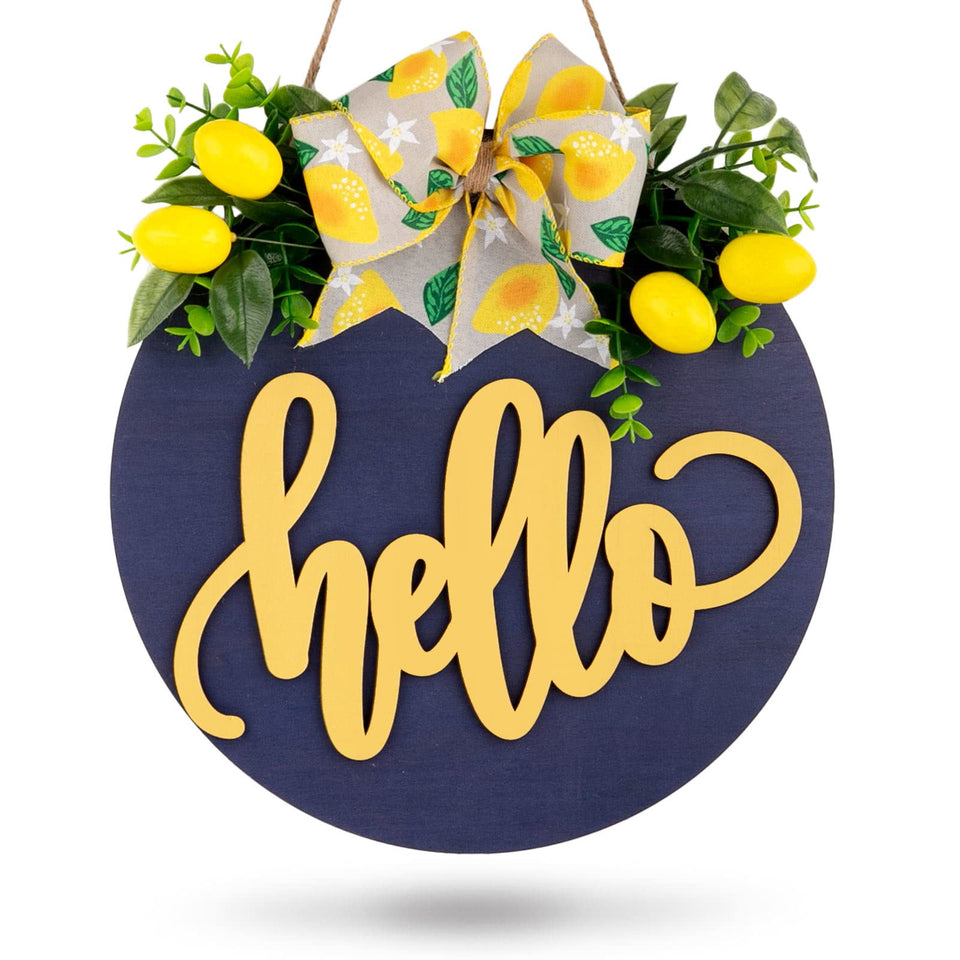Whaline lemon wooden hanging sign with 3D hello for a welcoming porch