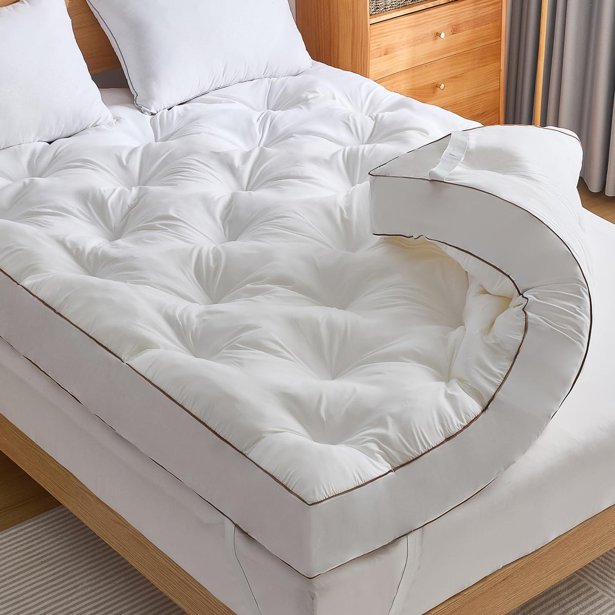 WhatsBedding 4-inch memory foam topper close-up shows plush surface and softness
