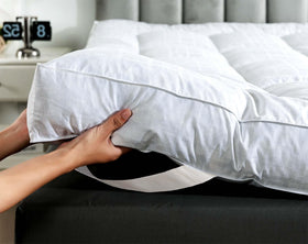 WhatsBedding 5inch duck feather topper on queen bed shows plush comfort