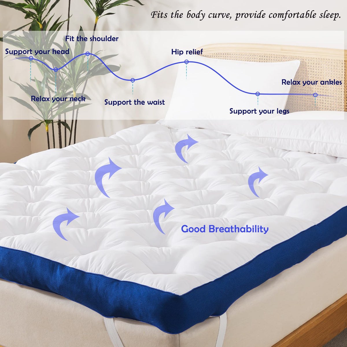 WhatsBedding 5-inch topper on bed shows compatibility with 8-21 inch mattresses.