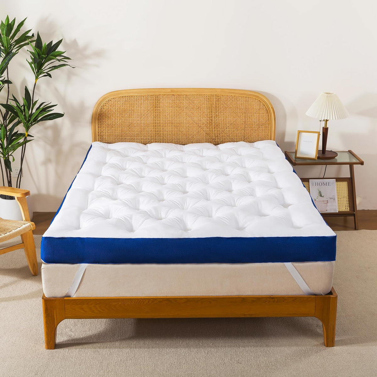 WhatsBedding king-sized topper fits neatly on a large mattress frame.