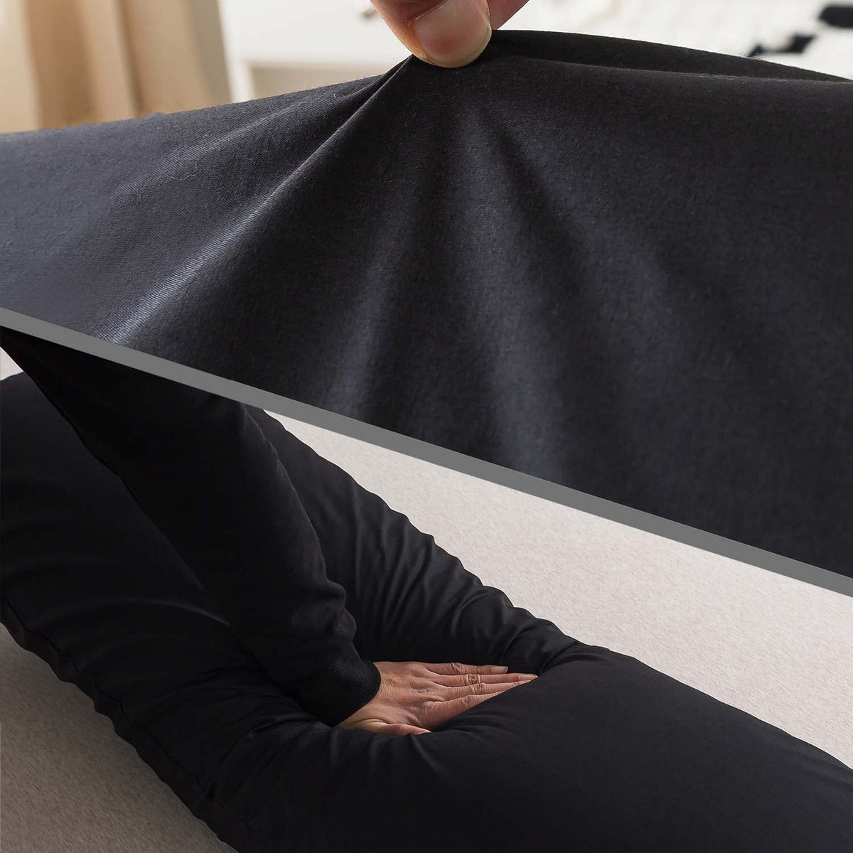 WhatsBedding long body pillow black cover on bed providing side-sleep support