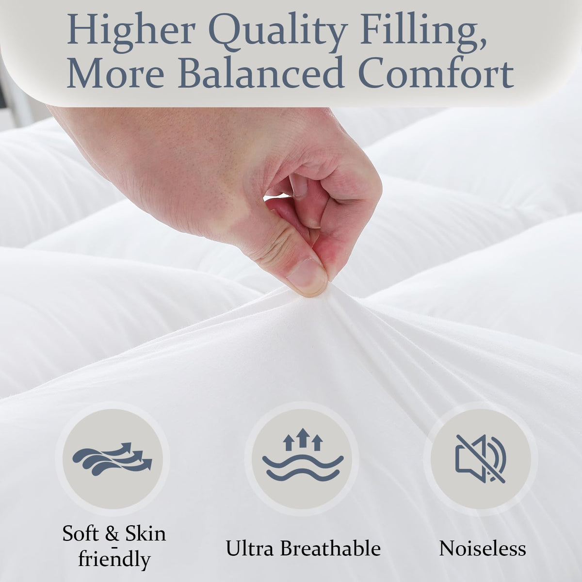 WhatsBedding memory foam topper close-up showing fluffy shredded foam for pressure relief.