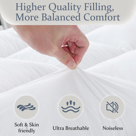 WhatsBedding memory foam topper close-up showing fluffy shredded foam for pressure relief.